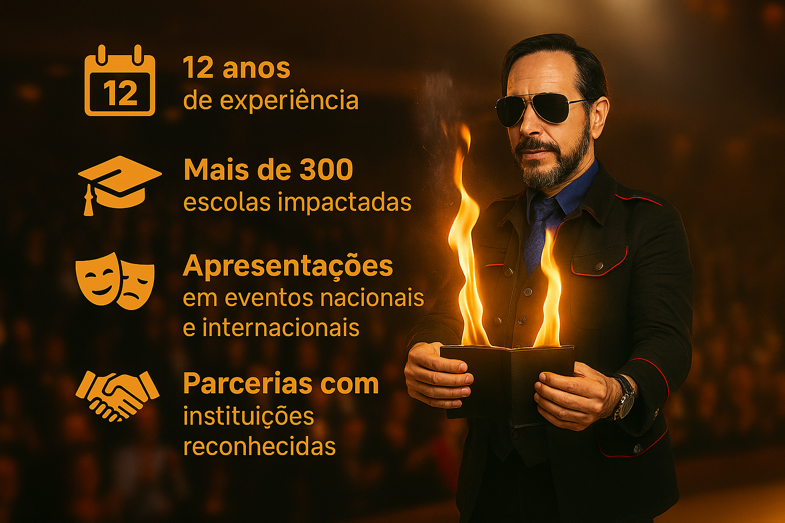 Mágico Kem apresentando um show de mágica interativo para crianças em um auditório escolar, com cenário vibrante e público encantado.